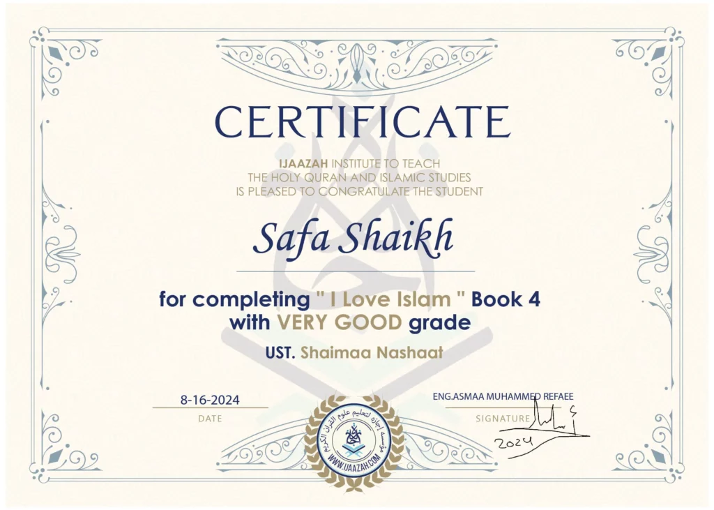 Safa Shaikhfor completing \” I Love Islam \” Book 4