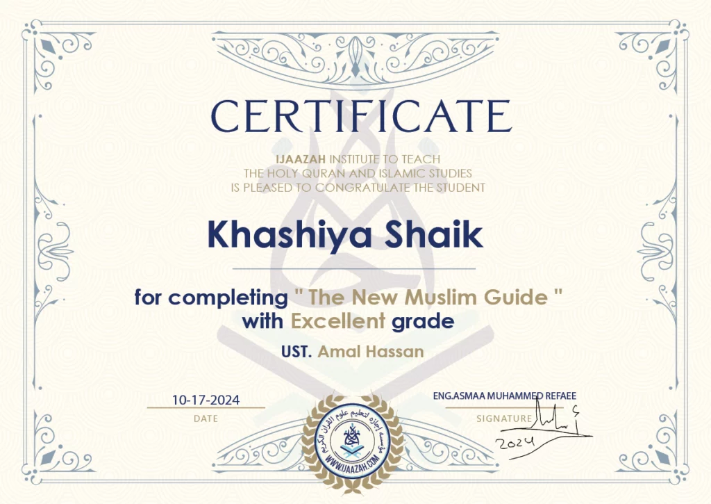 Khashiya Shaik for completing \”The New Muslim Guide\”