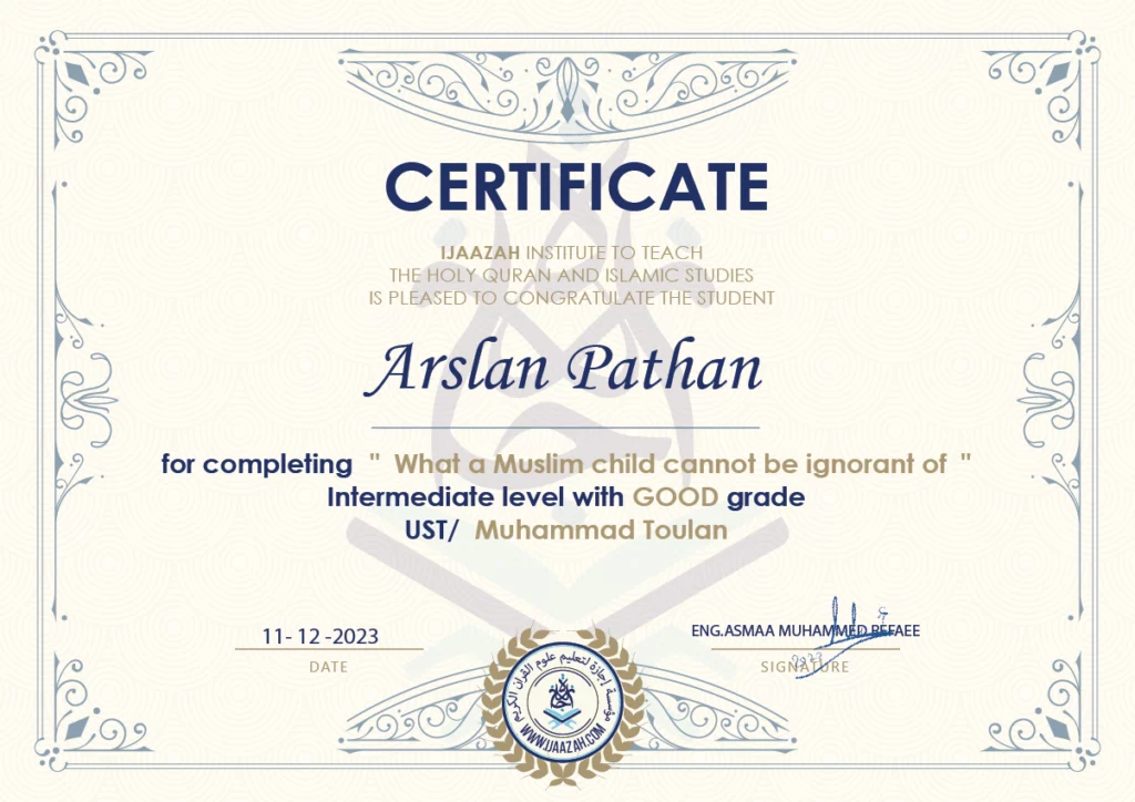 Arslan Pathan for completing \” What a Muslim child cannot be ignorant of \” Intermediate level